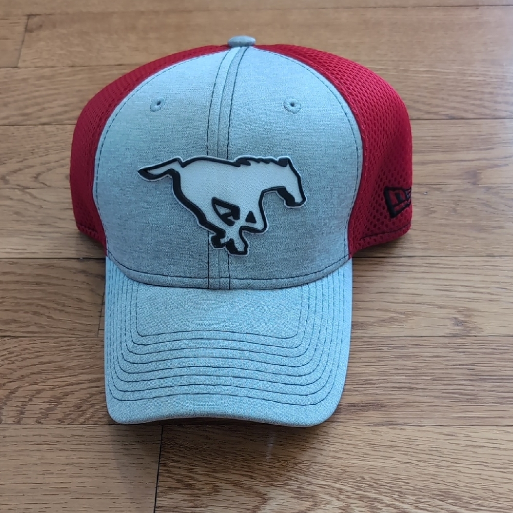 Gray and Red Mesh Trucker Cap with Running Horse Patch